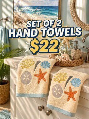 Coastal Beach Hand Towels Set Of 2 Cotton 16x26 Shell Coral Starfish Decor NWT